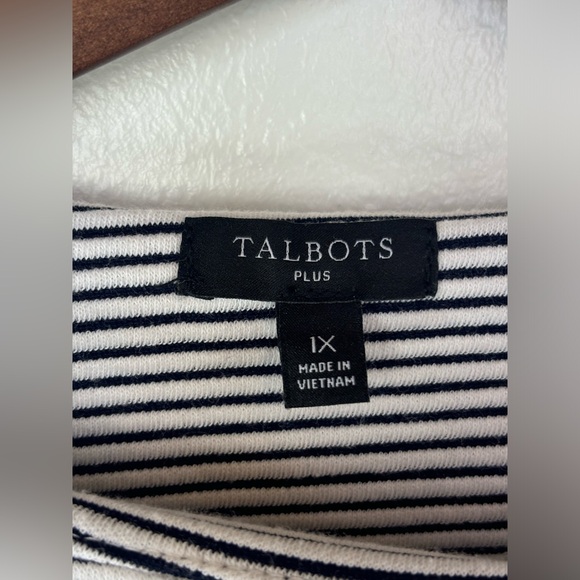 TALBOTS Gold Button Shoulder Pullover 3/4 Sleeve Classic Black White Stripe Prep - Picture 5 of 14